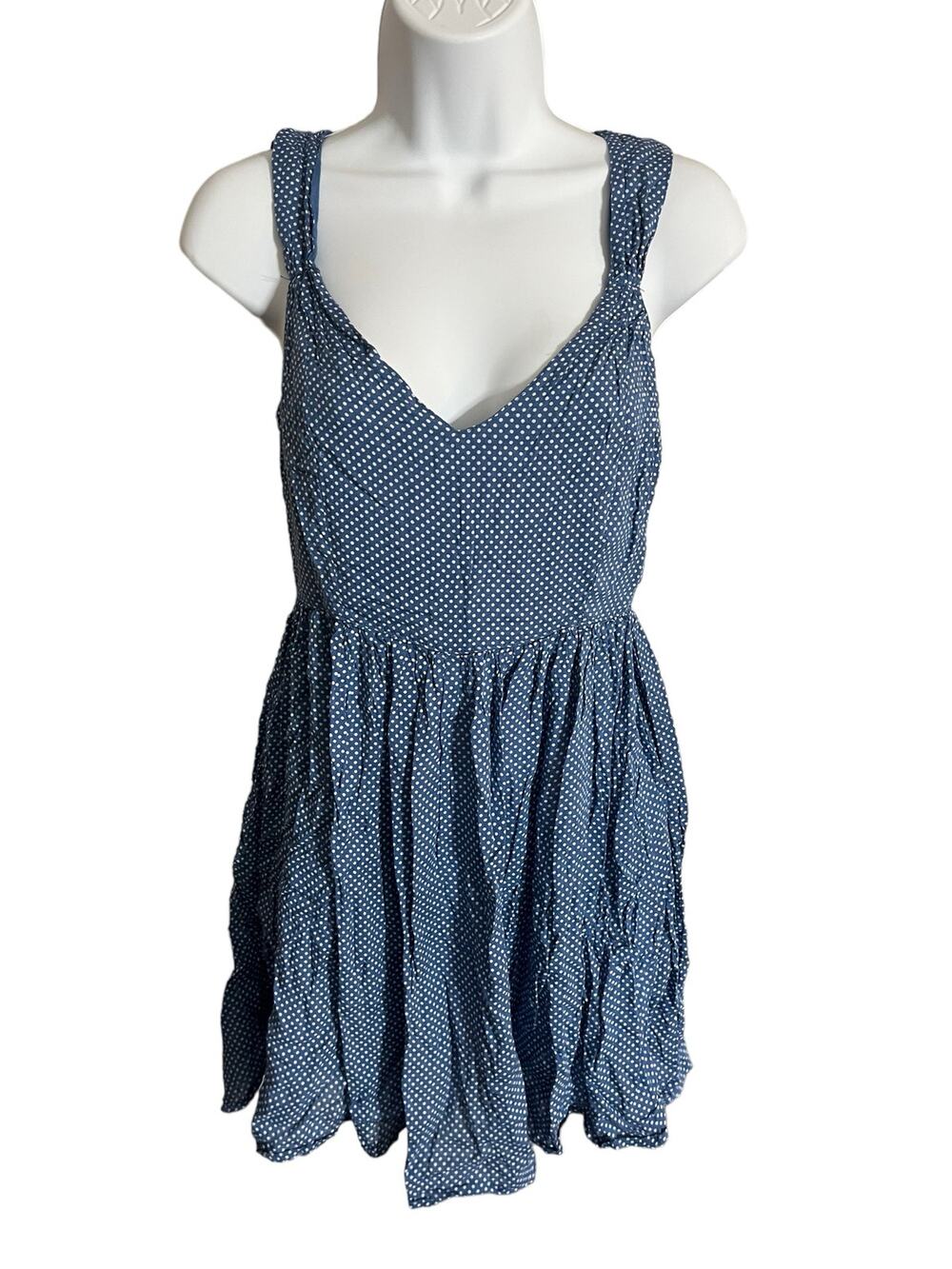 MinkPink chambray blue white dotted mini dress sleeveless v-neck lightweight med